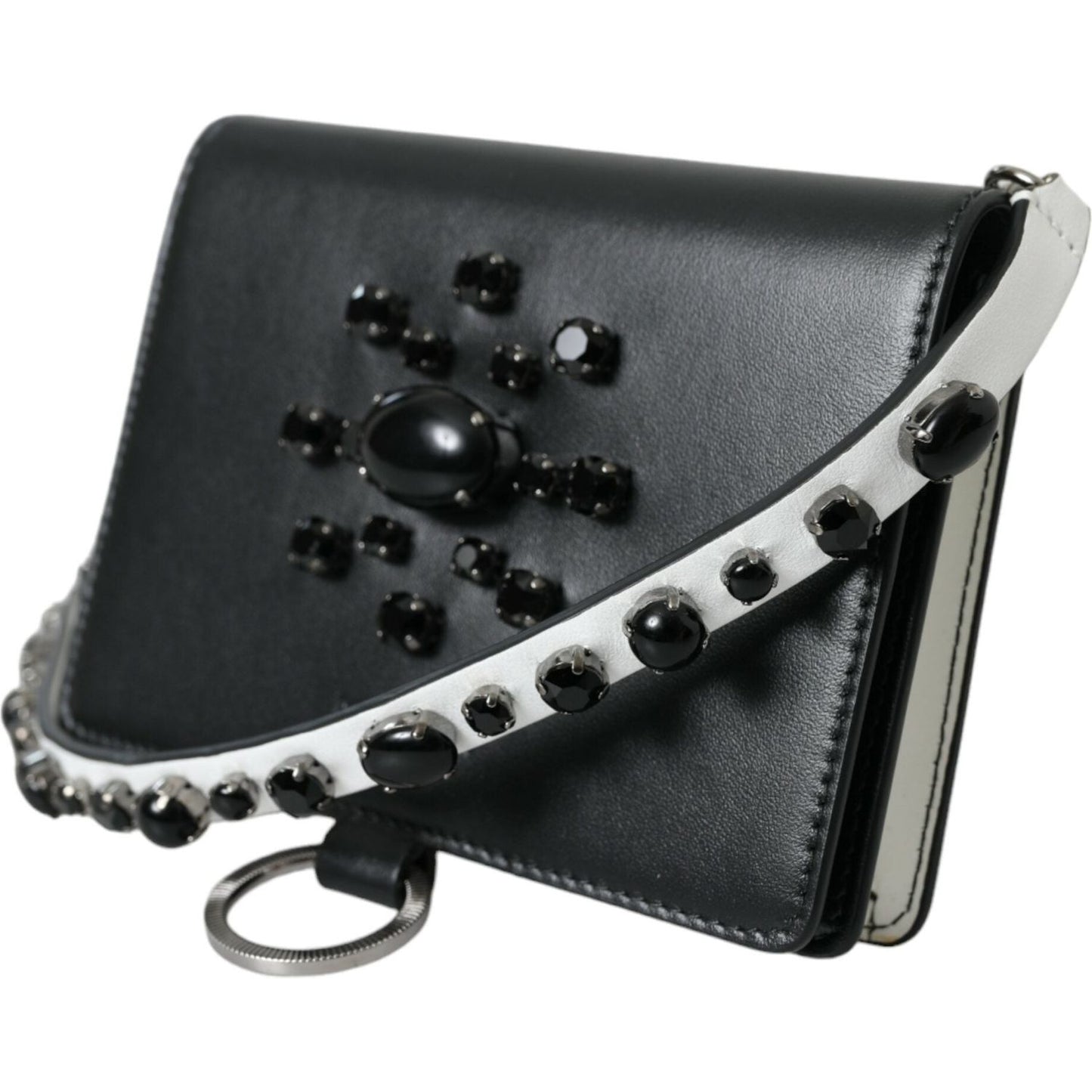 Dolce & Gabbana Black White Leather Crystal Embellished Cardholder Wallet