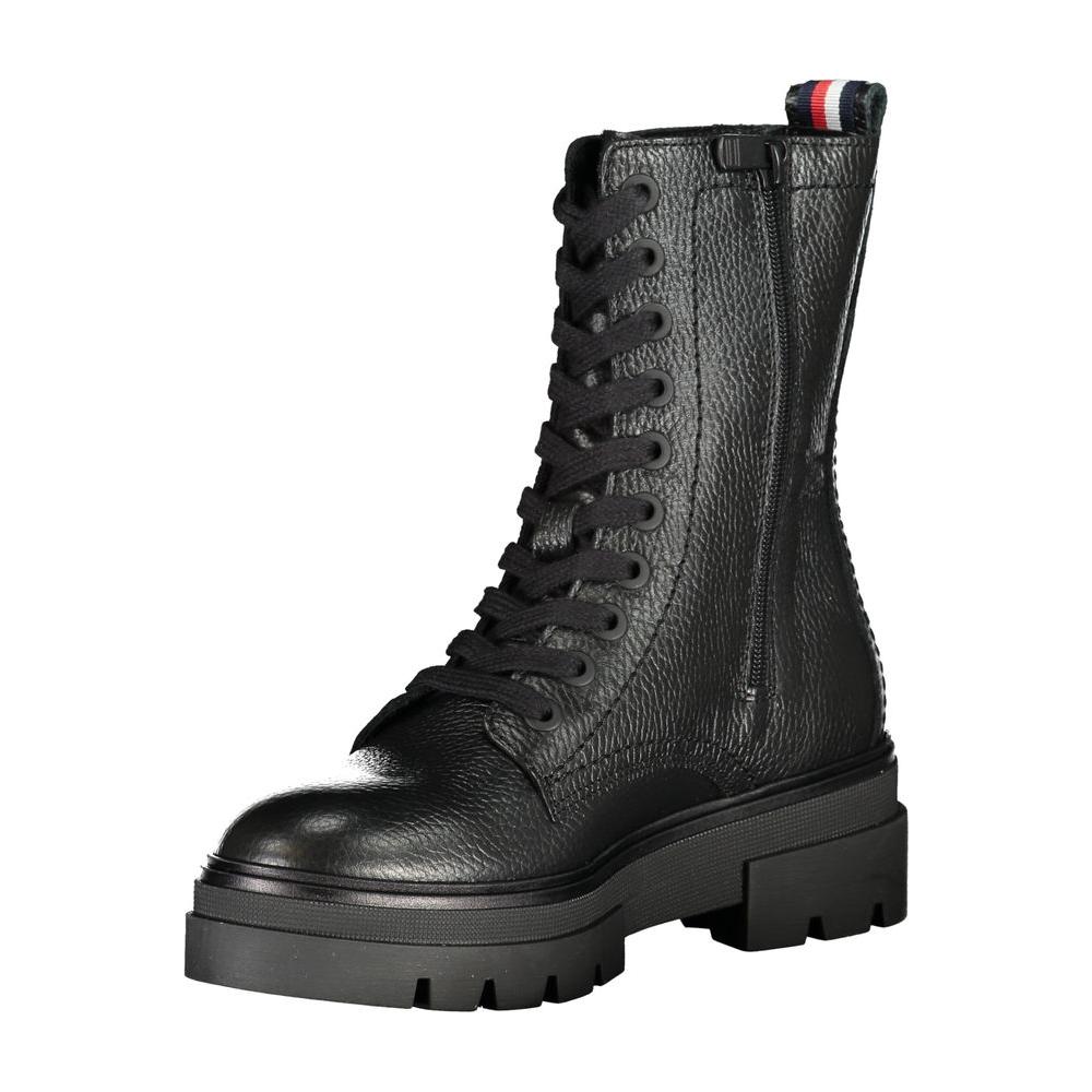 Tommy Hilfiger Elegant Black Laced Boots with Side Zip Tommy Hilfiger