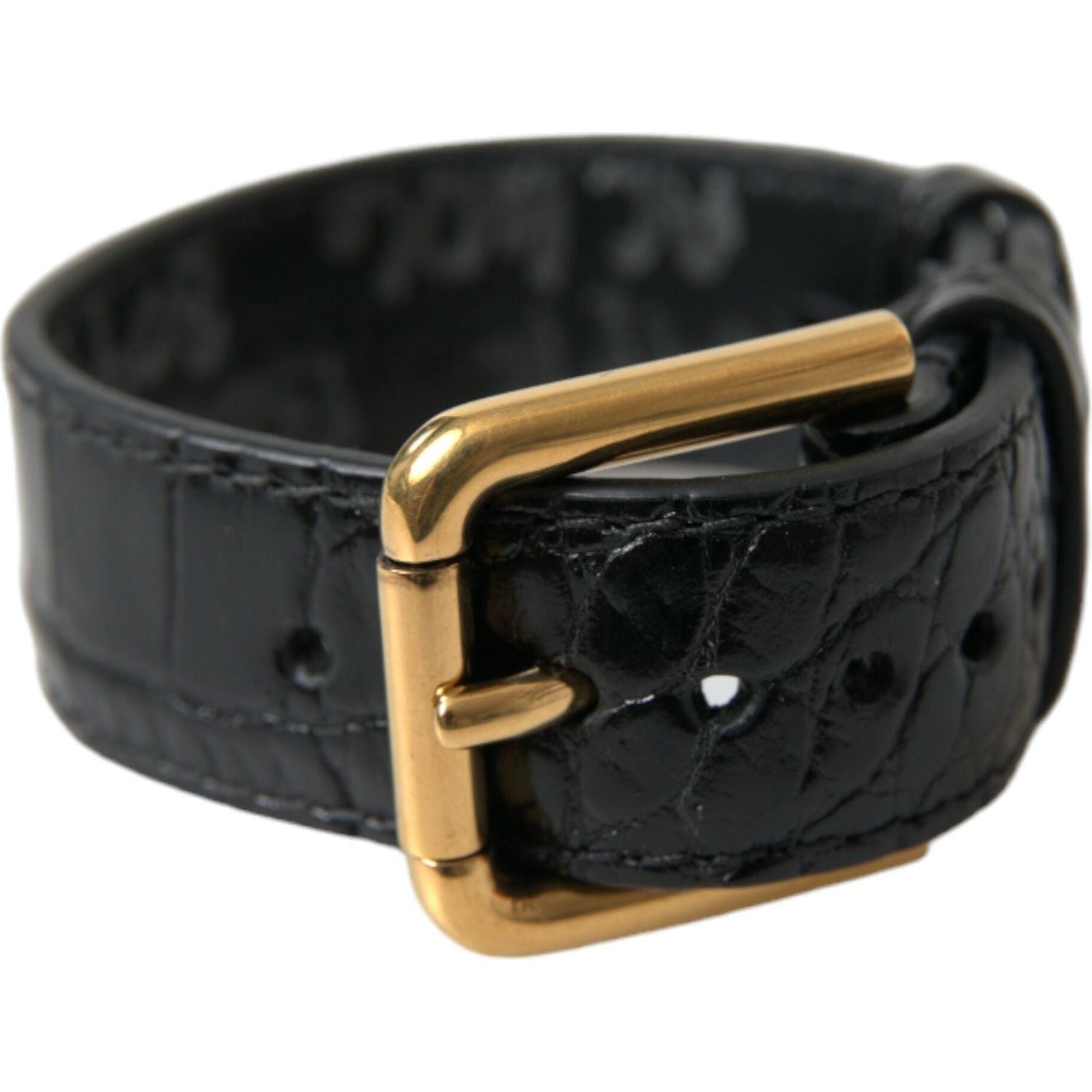 Dolce & Gabbana Black Textured Leather Gold Tone Metal Buckle Armband