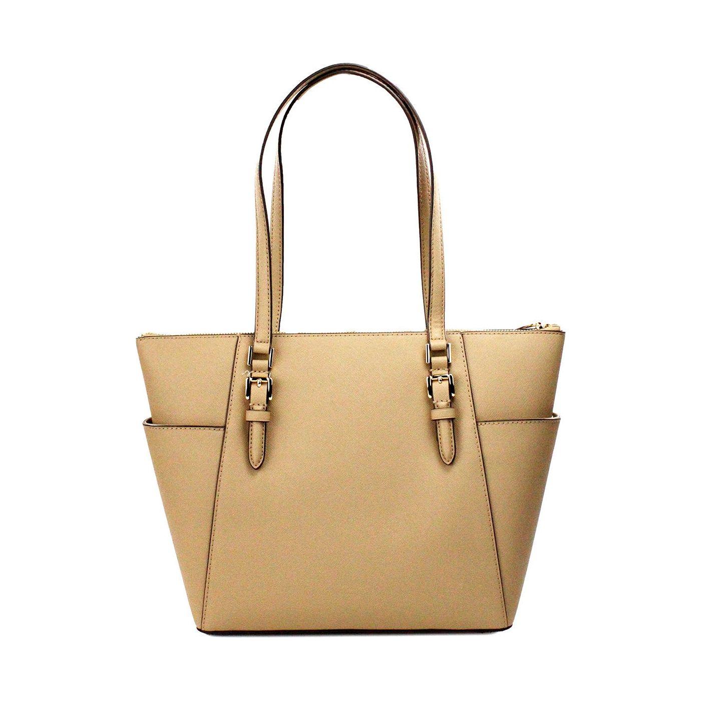 Michael Kors Charlotte Camel Large Leather Top Zip Tote Bag Purse