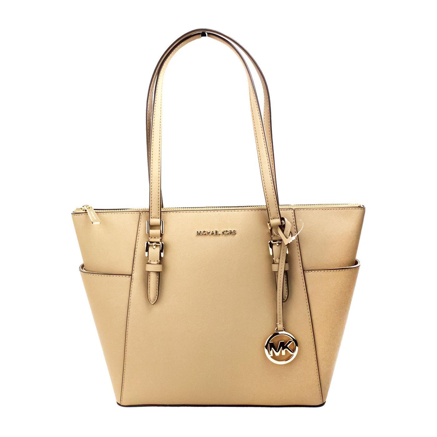 Michael Kors Charlotte Camel Large Leather Top Zip Tote Bag Purse