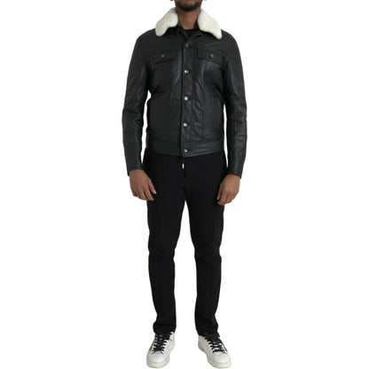 Dolce & Gabbana Black Leather Fur Collar Biker Coat Jacket