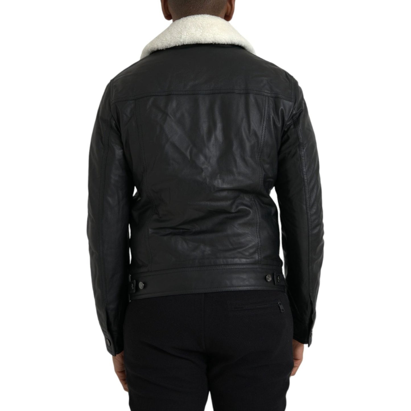 Dolce & Gabbana Black Leather Fur Collar Biker Coat Jacket Dolce & Gabbana