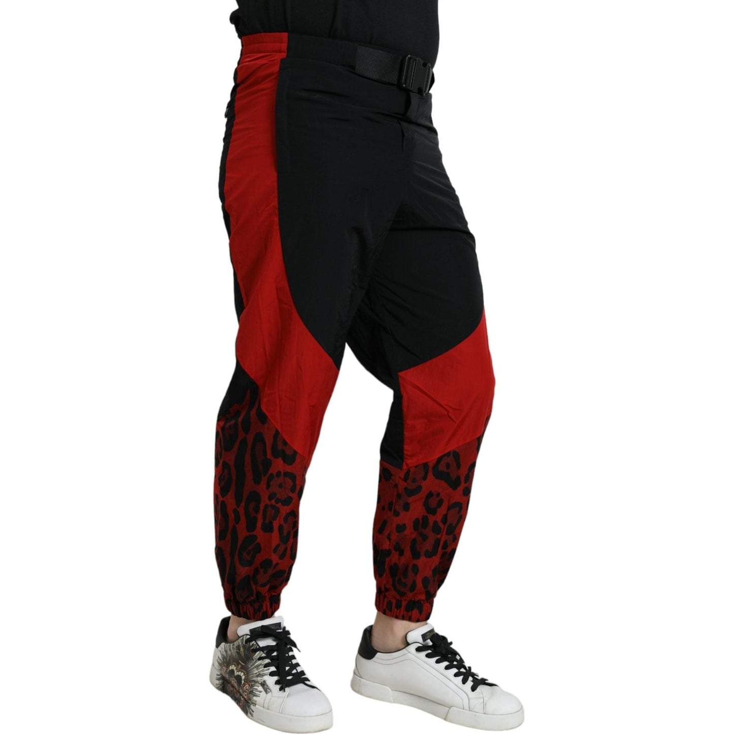 Dolce & Gabbana Black Red Leopard Print Nylon Jogger Pants