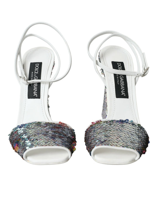 Dolce & Gabbana White Silver Sequin Ankle Strap Sandals Shoes Dolce & Gabbana