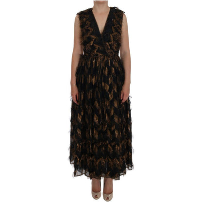 Dolce & Gabbana Black Silk Brown Fringes A-Line Dress