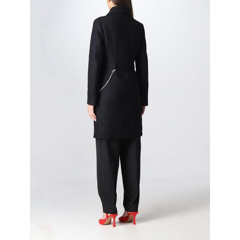 Love Moschino Elegant Black Wool Coat with Silver Chain Detail Love Moschino