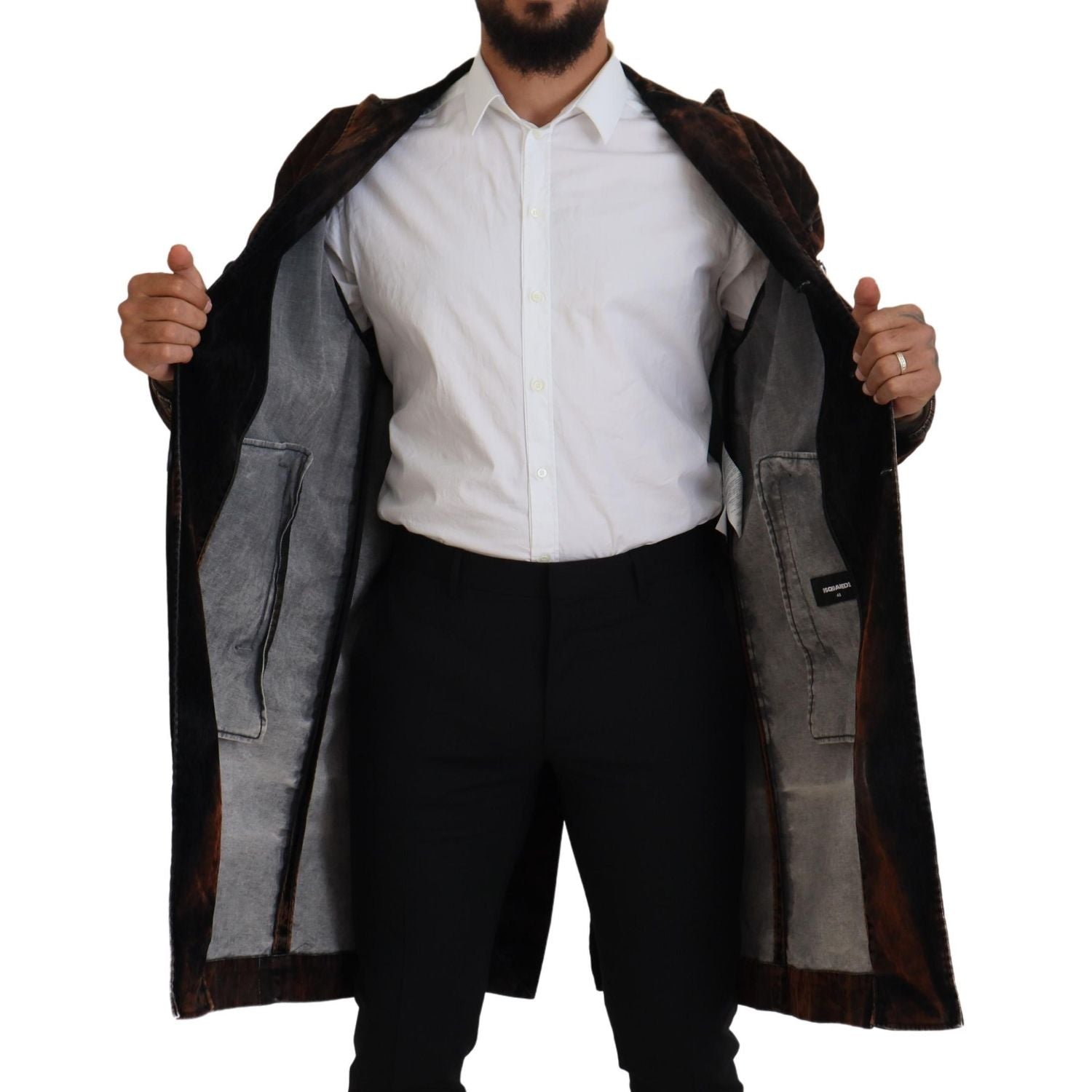 معطف رجالي طويل من القطن بأزرار كاملة باللون البني من Dsquared²