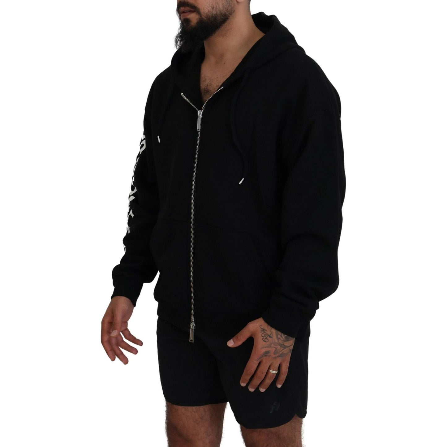 Dsquared² Black Hooded Full Zip Printed Sleeves Sweater
