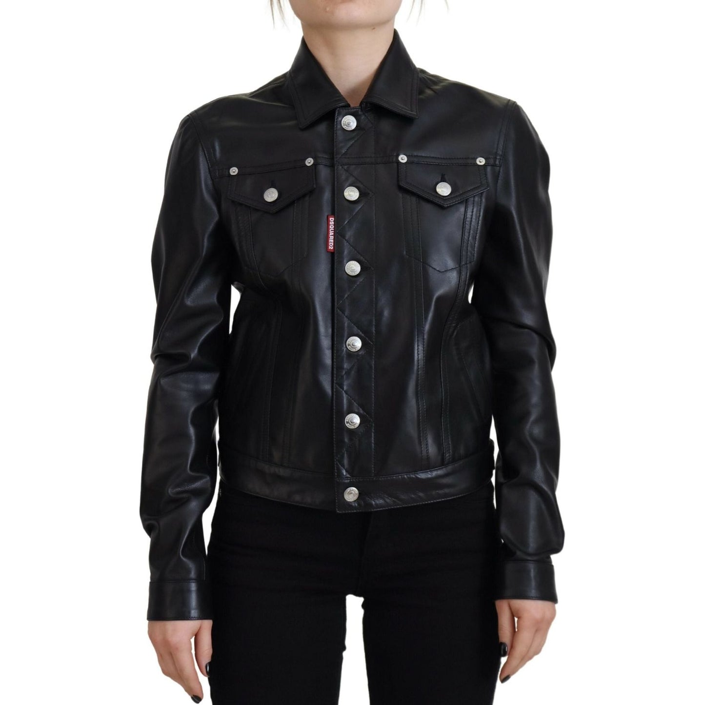 Dsquared² Black Leather Collared Long Sleeves Jacket Dsquared²