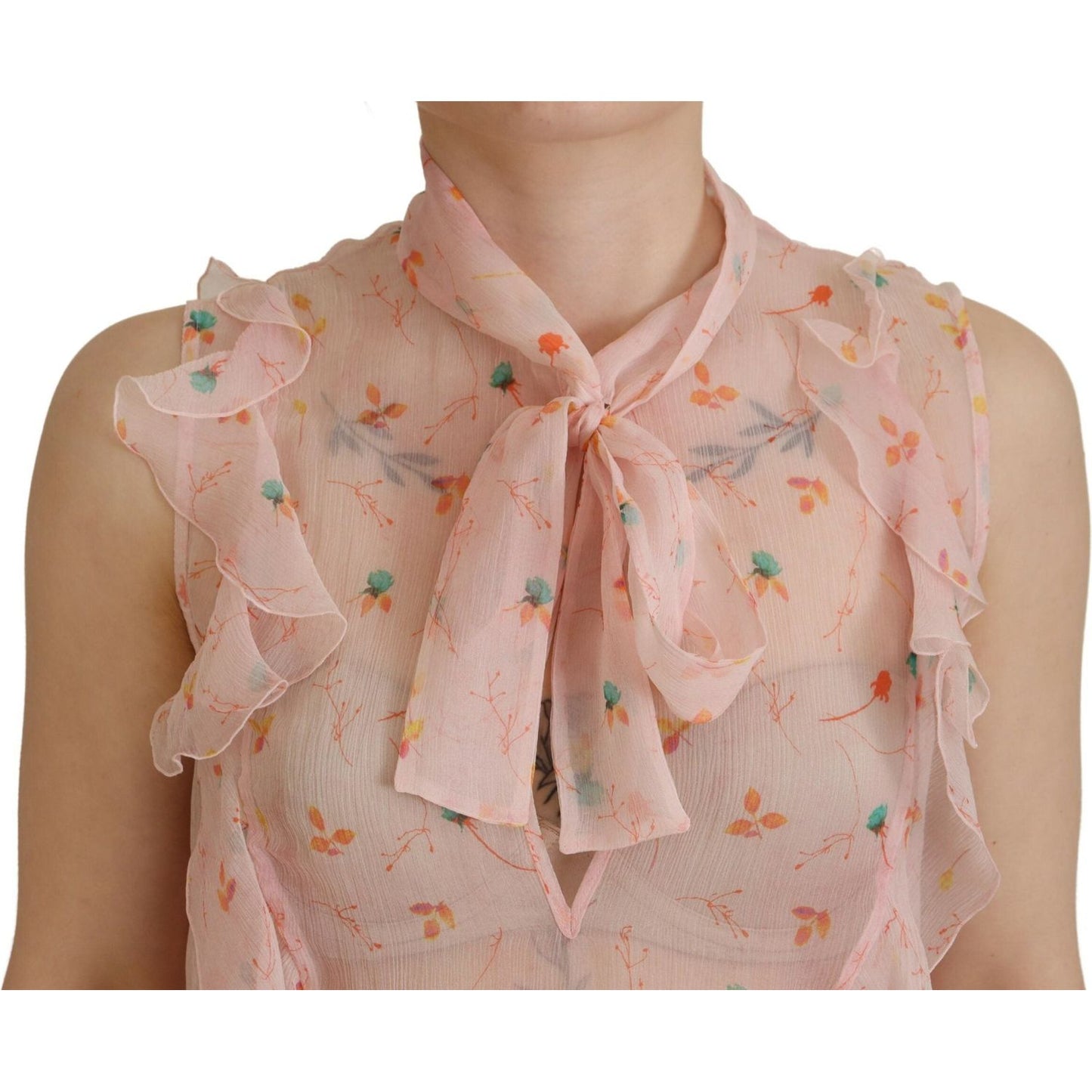 Dsquared² Pink Floral Print Silk Sleeveless Ascot Collar Top Dsquared²