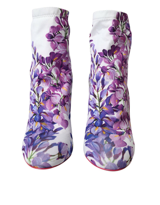 Dolce & Gabbana White Floral Jersey Stretch Boots Shoes Dolce & Gabbana