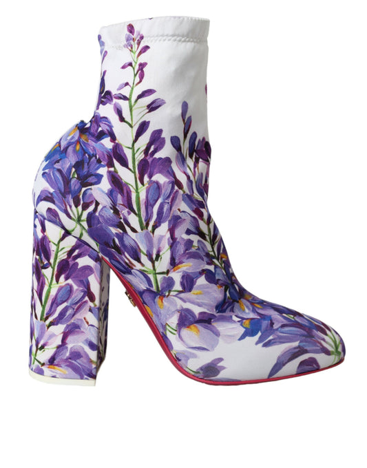 Dolce & Gabbana White Floral Jersey Stretch Boots Shoes Dolce & Gabbana