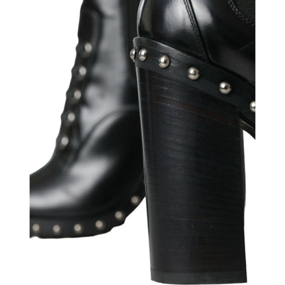 Dolce & Gabbana Black Leather Studded Lace Up Boots Shoes