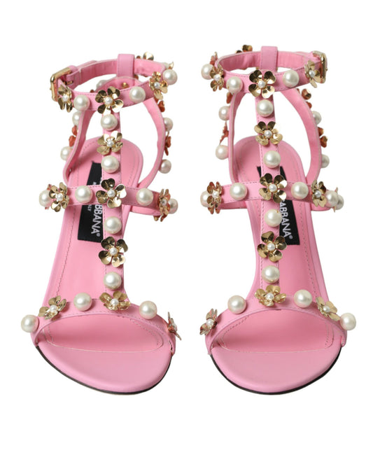 Dolce & Gabbana Pink Leather Embellished Heels Sandals Shoes Dolce & Gabbana