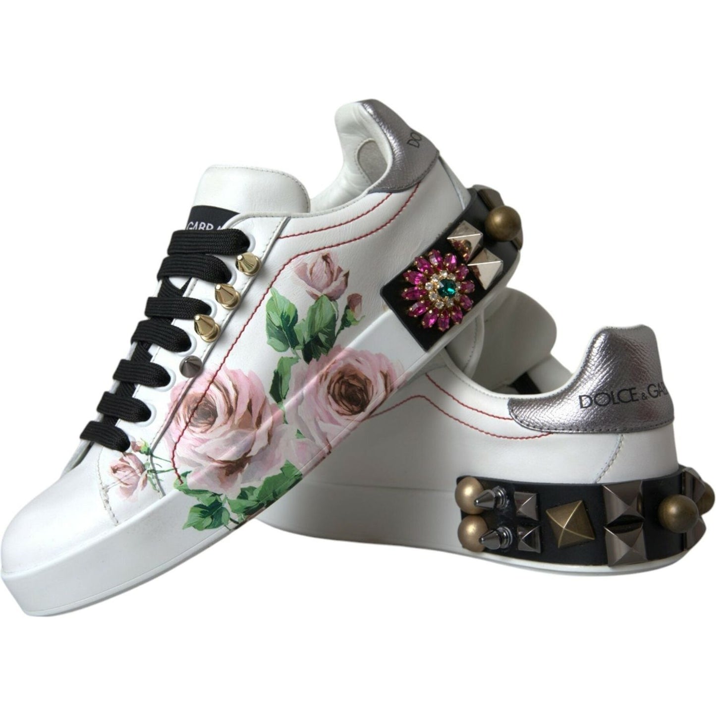 Dolce & Gabbana White Leather Crystal Roses Floral Sneakers Shoes Dolce & Gabbana