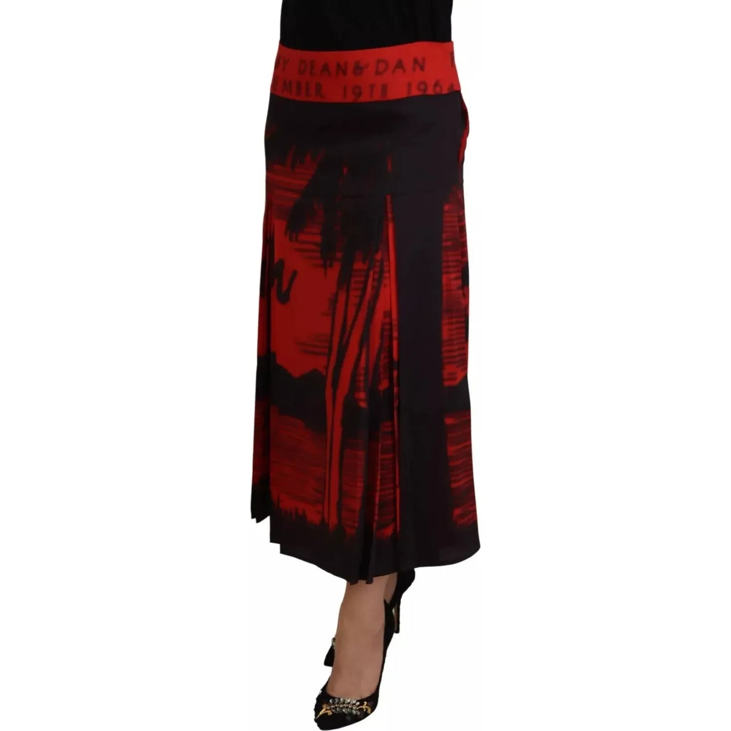 Dsquared² Red Printed High Waist A-line Pleated Midi Skirt Dsquared²