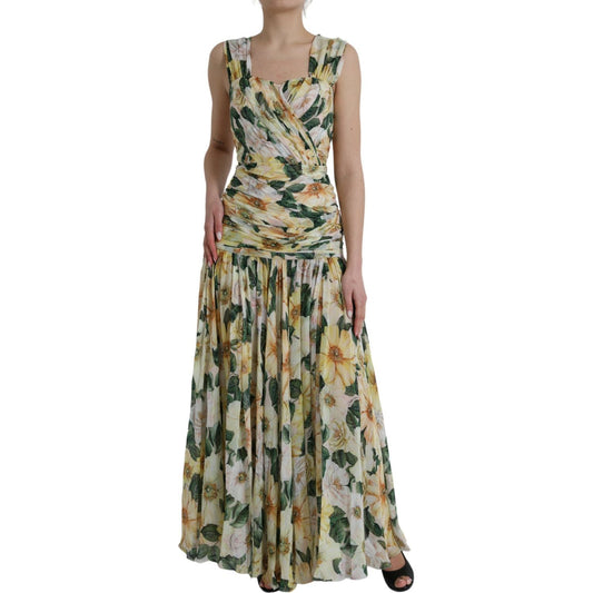 Dolce & Gabbana Yellow Floral Print Silk Pleated Maxi Dress Dolce & Gabbana