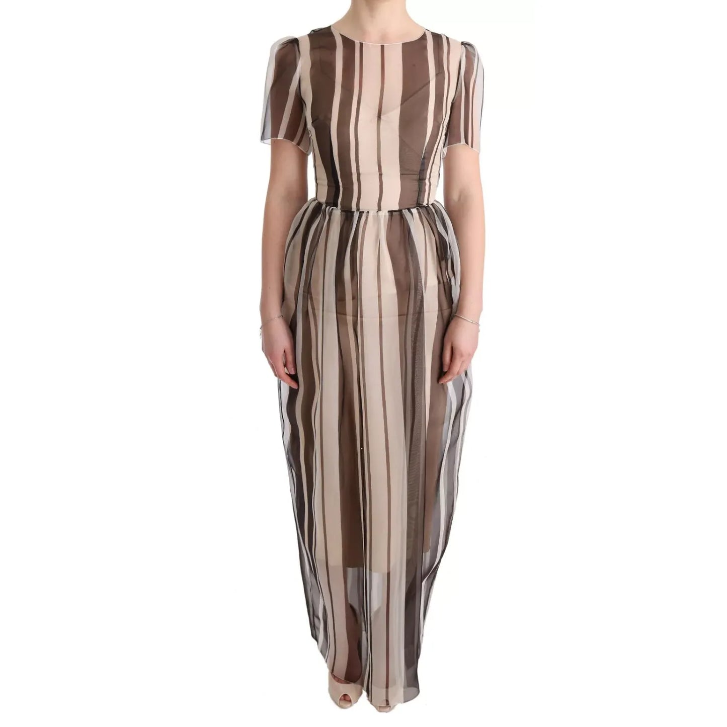 Dolce & Gabbana Beige Brown Striped Silk Sheath Dress