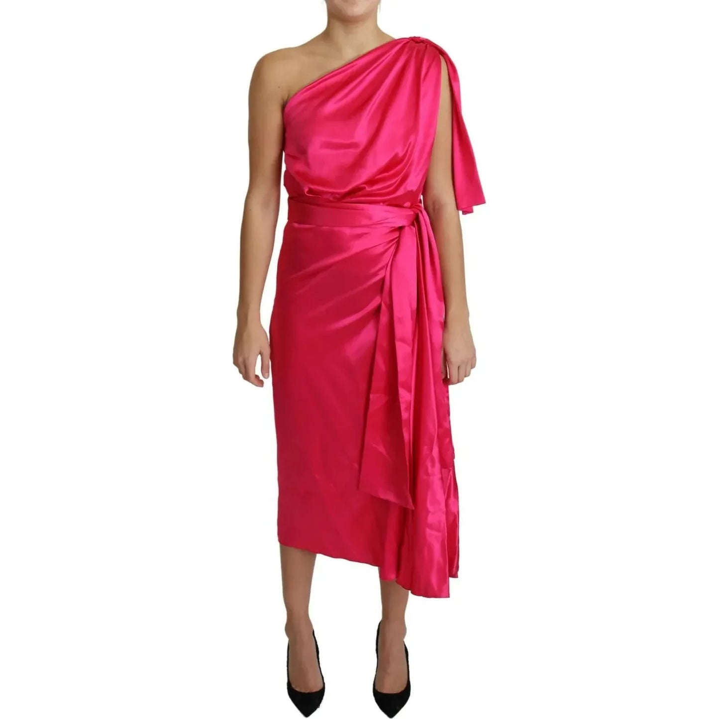 Dolce & Gabbana Fuchsia Fitted Cut One Shoulder Midi Dress Dolce & Gabbana