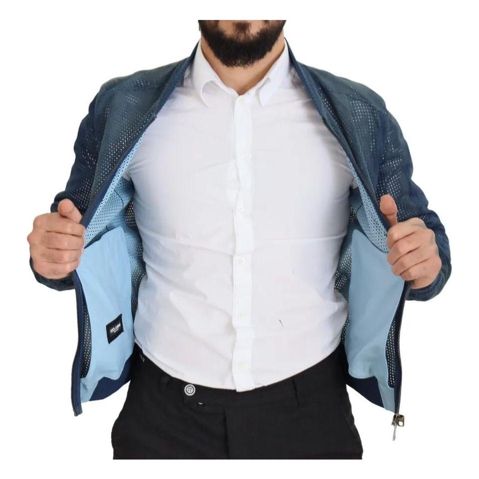 Dolce & Gabbana Blue Leather Perforated Full Zip Jacket Dolce & Gabbana