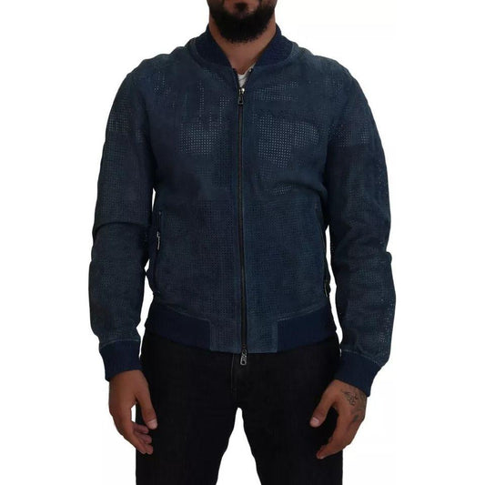 Dolce & Gabbana Blue Leather Perforated Full Zip Jacket Dolce & Gabbana