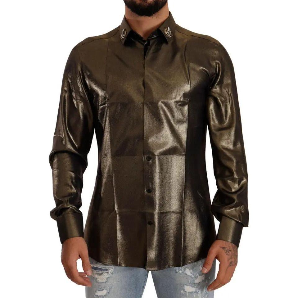 Dolce & Gabbana Metallic Gold DG Embroidered Crown Silk Top Shirt Dolce & Gabbana