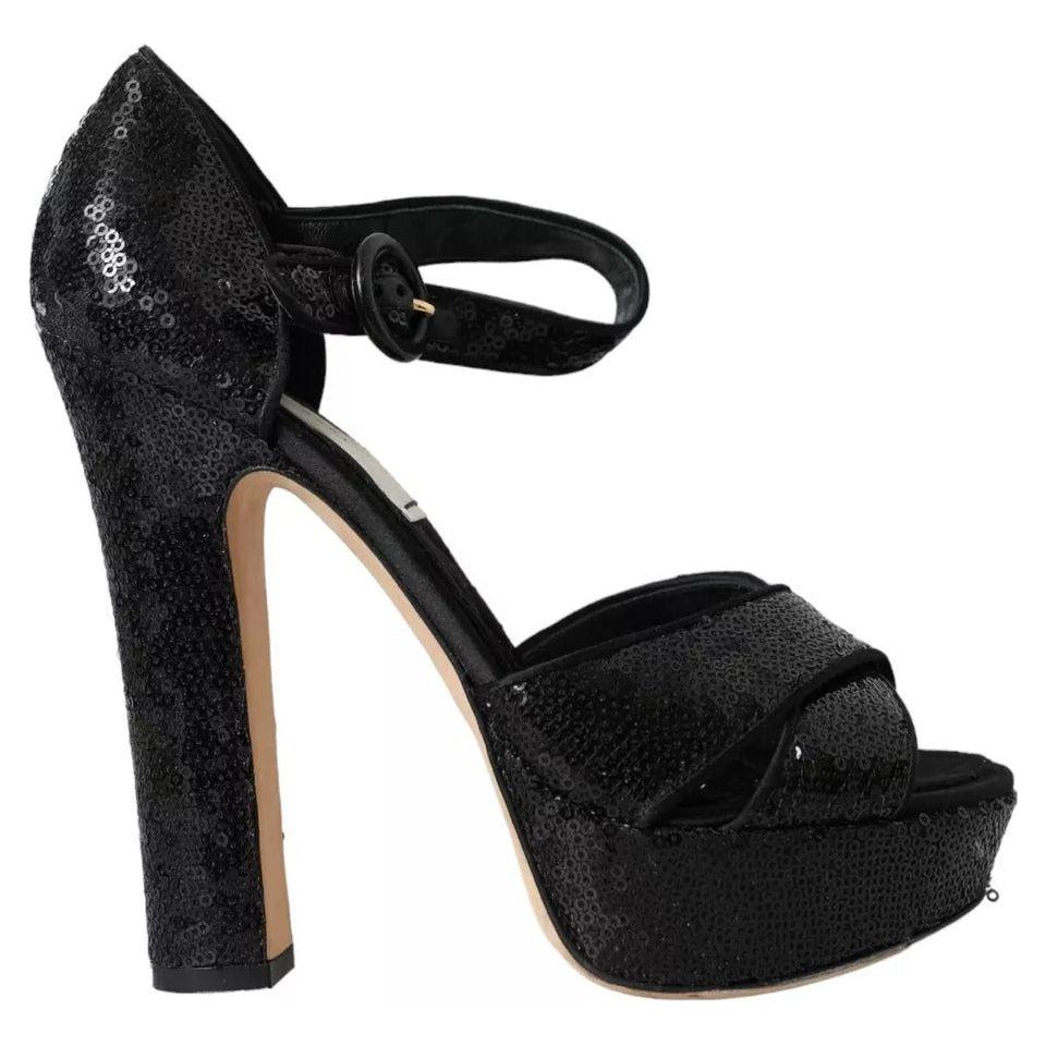 Dolce & Gabbana Black Sequin Ankle Strap Heels Sandals Shoes Dolce & Gabbana