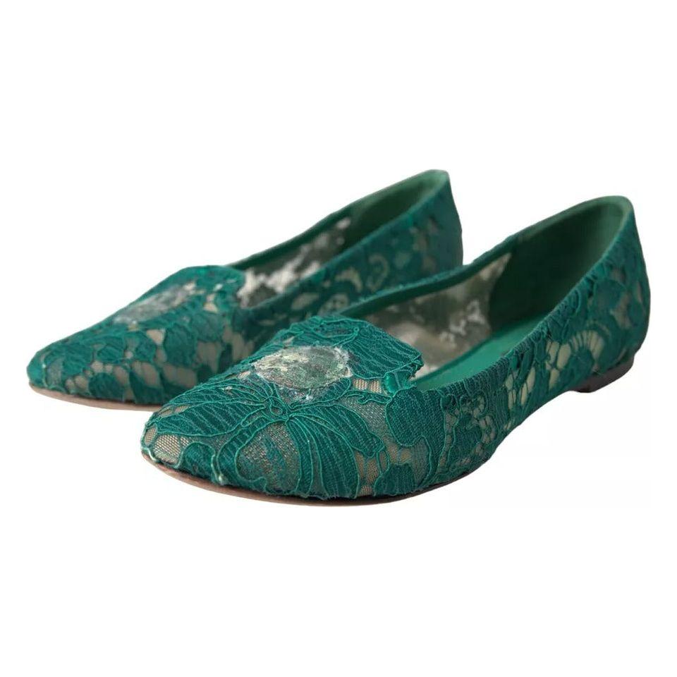 Dolce & Gabbana Green Taormina Lace Slip On Flats Shoes Dolce & Gabbana