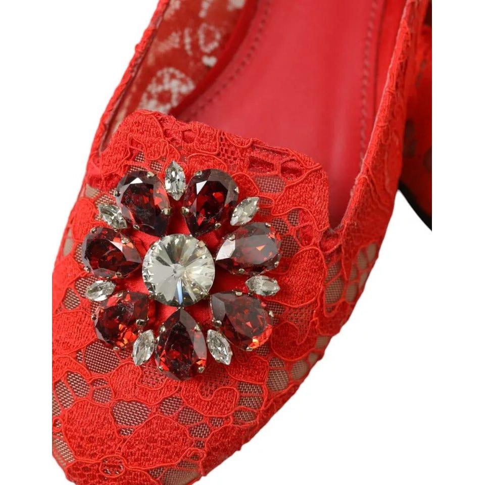 Dolce & Gabbana Red Lace Crystal Ballet Loafers Shoes Dolce & Gabbana