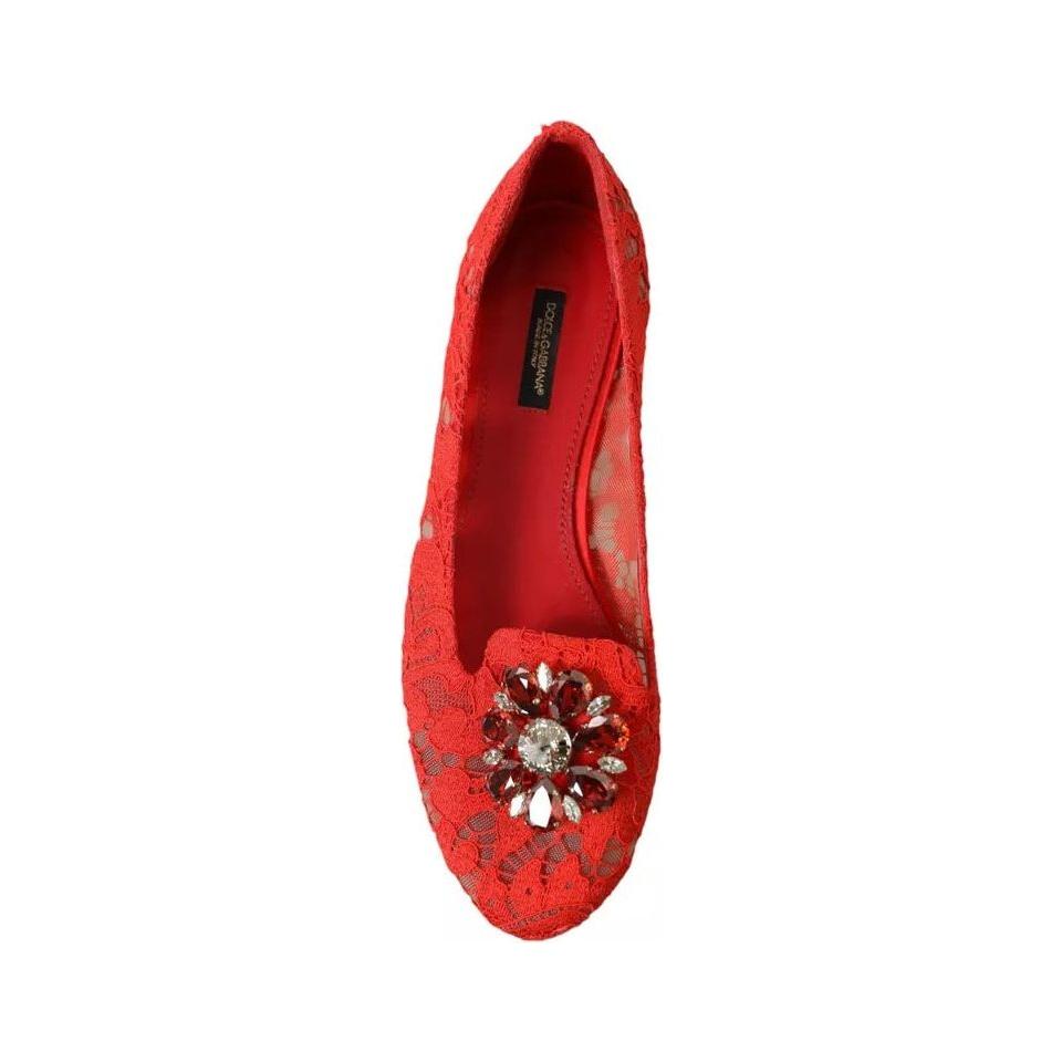 Dolce & Gabbana Red Lace Crystal Ballet Loafers Shoes Dolce & Gabbana