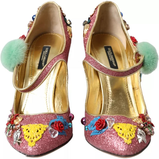 Dolce & Gabbana Pink Embellished Fur Mary Jane Pumps Shoes Dolce & Gabbana