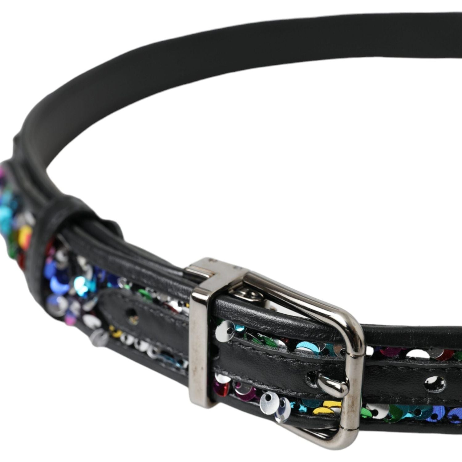 حزام نسائي من دولتشي آند غابانا مزين بالترتر الأسود ومشبك معدني فضي