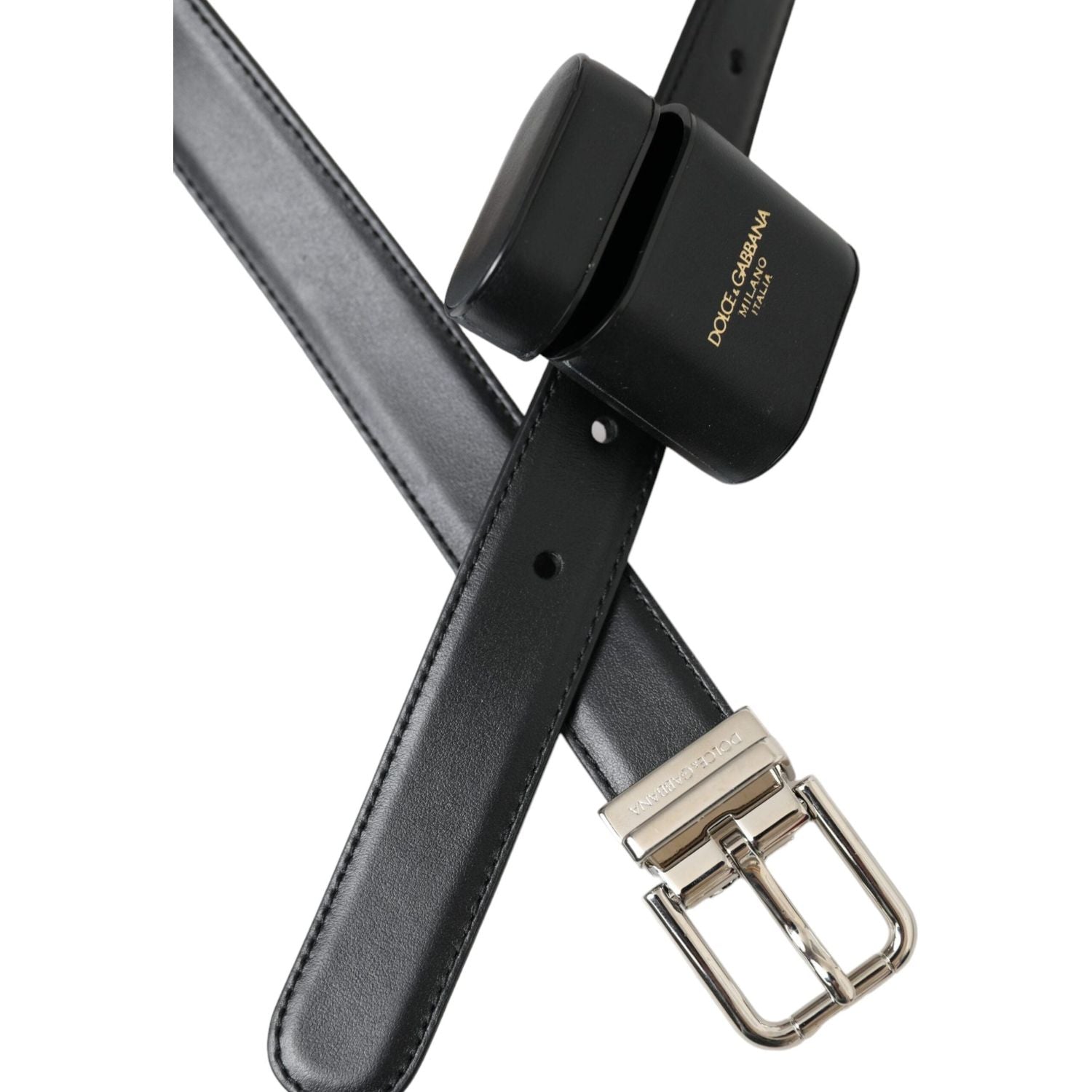 حافظة سماعات Airpods من الجلد الأسود مع حزام بإبزيم فضي من Dolce &amp; Gabbana