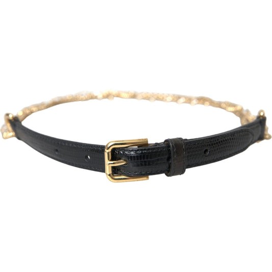 Dolce & Gabbana Black Leather Gold Chain Crystal Waist Women Belt Dolce & Gabbana