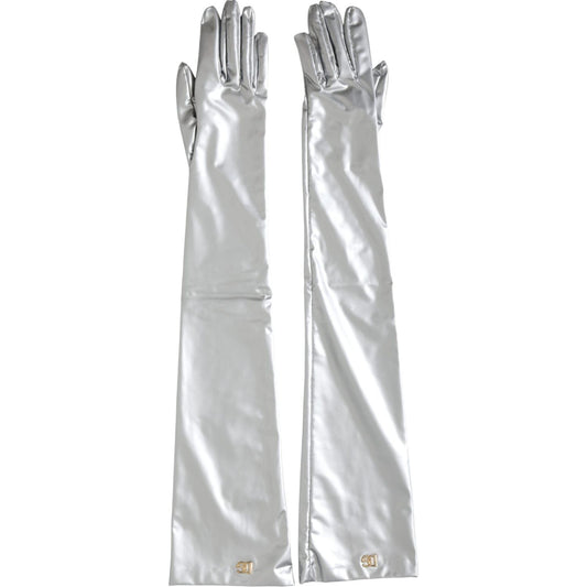 Dolce & Gabbana Silver Spandex Logo Elbow Length Gloves Dolce & Gabbana