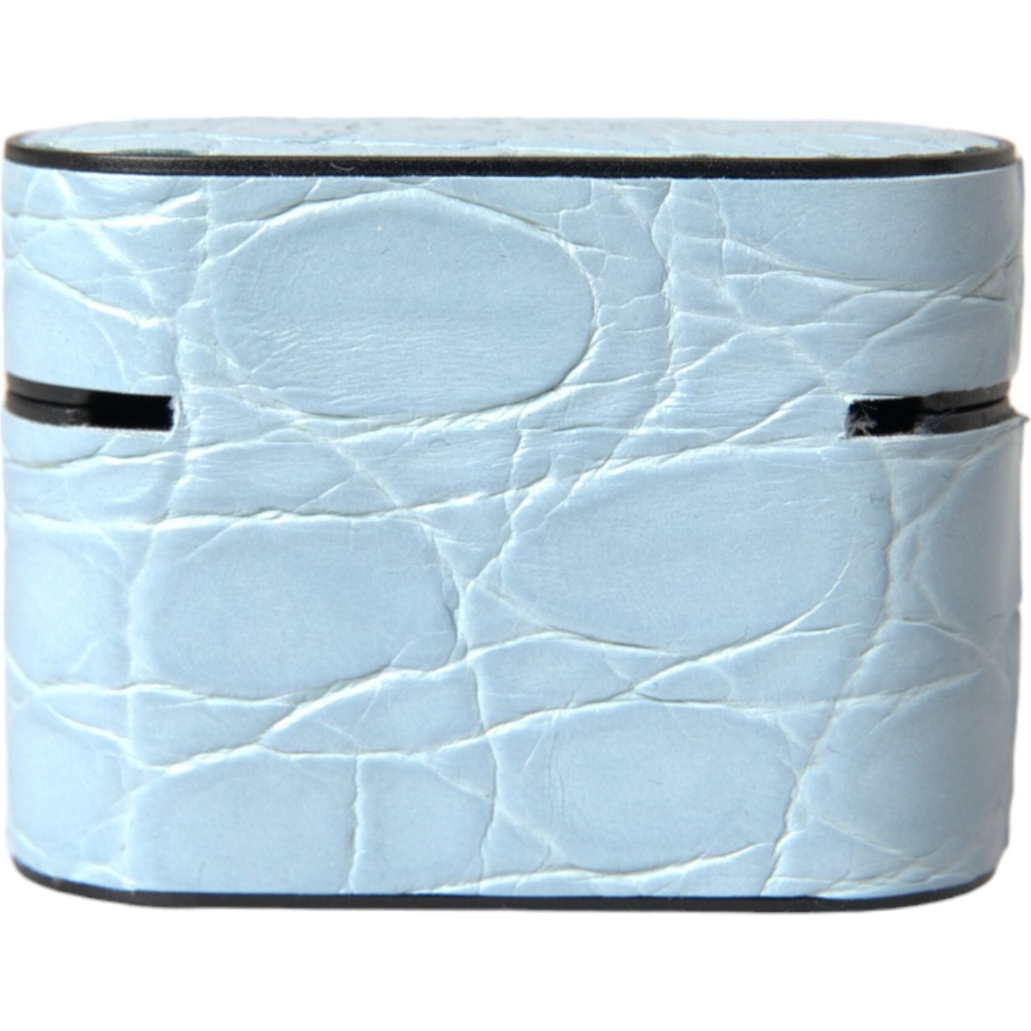 حافظة سماعات Airpods من Dolce &amp; Gabbana مصنوعة من الجلد باللون الأزرق الفاتح ومزينة بشعار معدني