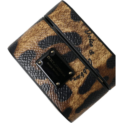Dolce & Gabbana Brown Leopard Calf Leather Metal Logo Plaque Airpods Case