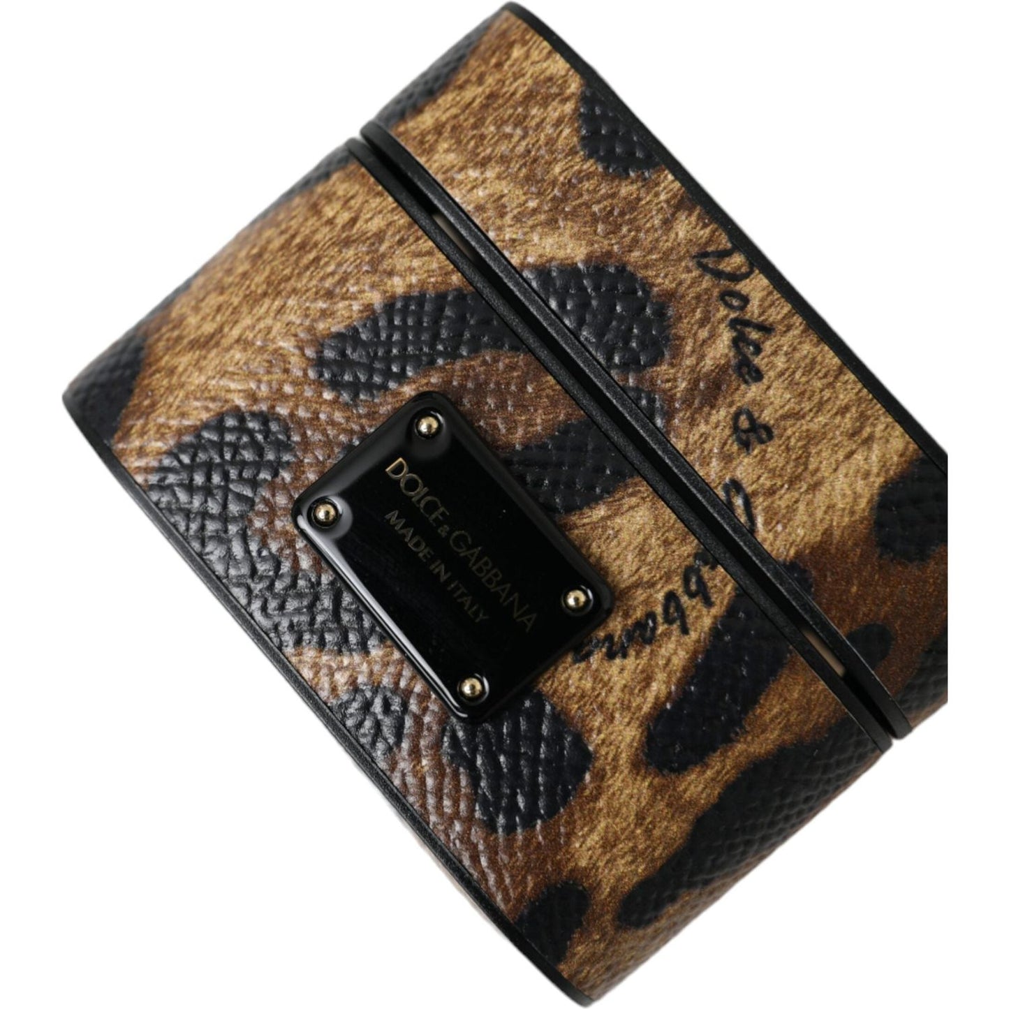 Dolce & Gabbana Brown Leopard Calf Leather Metal Logo Plaque Airpods Case Dolce & Gabbana