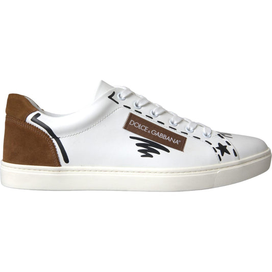 Dolce & Gabbana White Brown Leather Logo Low Top Sneakers Shoes Dolce & Gabbana