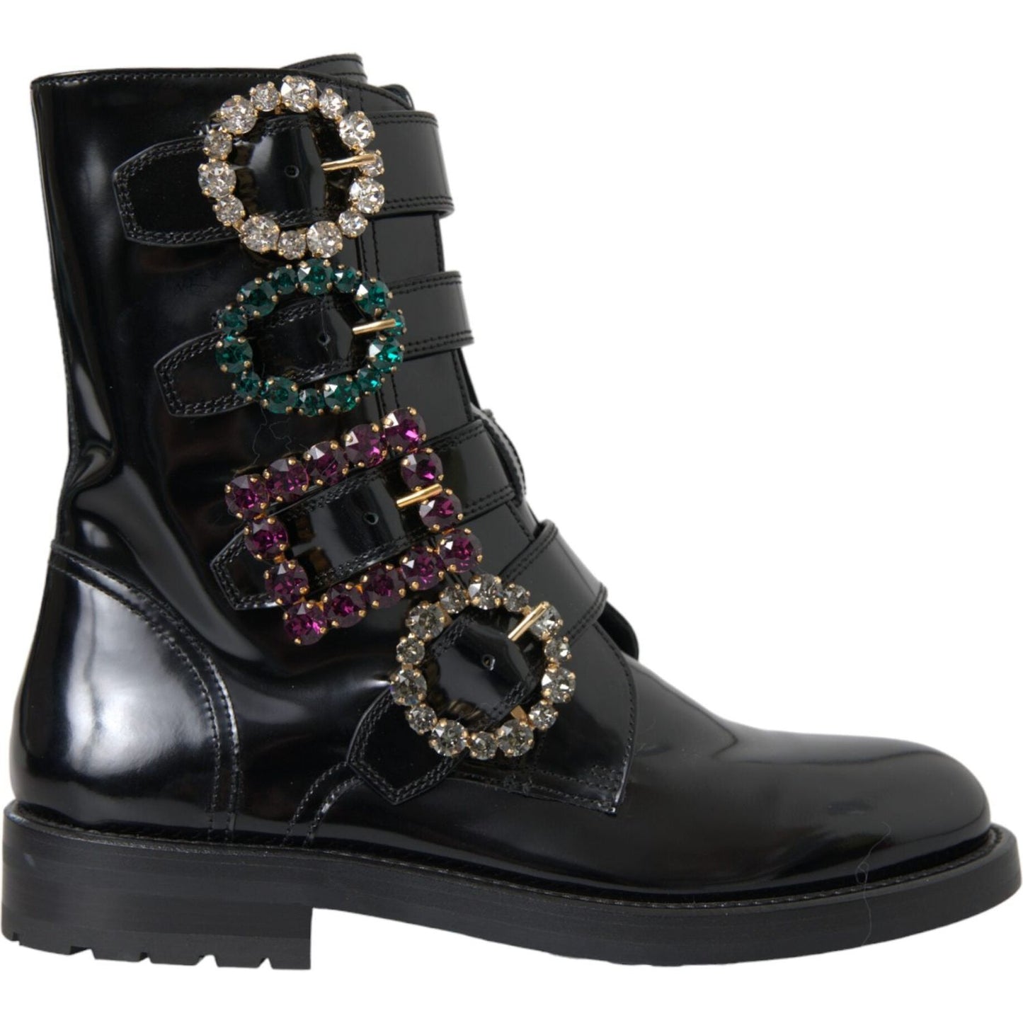 Dolce & Gabbana Black Leather Crystal Buckles Boots Shoes Dolce & Gabbana