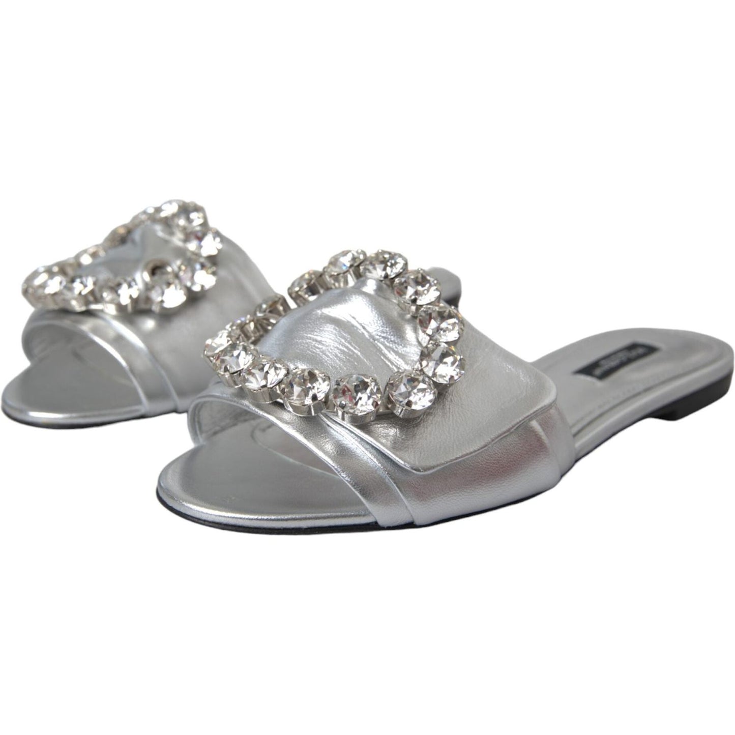 Dolce & Gabbana Silver Crystal Leather Flats Sandals Shoes Dolce & Gabbana