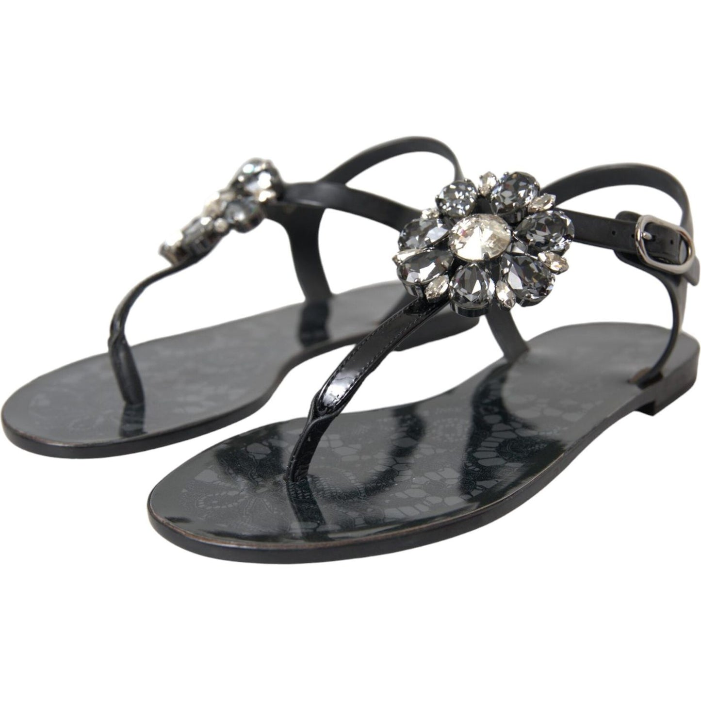 Dolce & Gabbana Black Crystal Flats Sandals Flip Flops Shoes Dolce & Gabbana