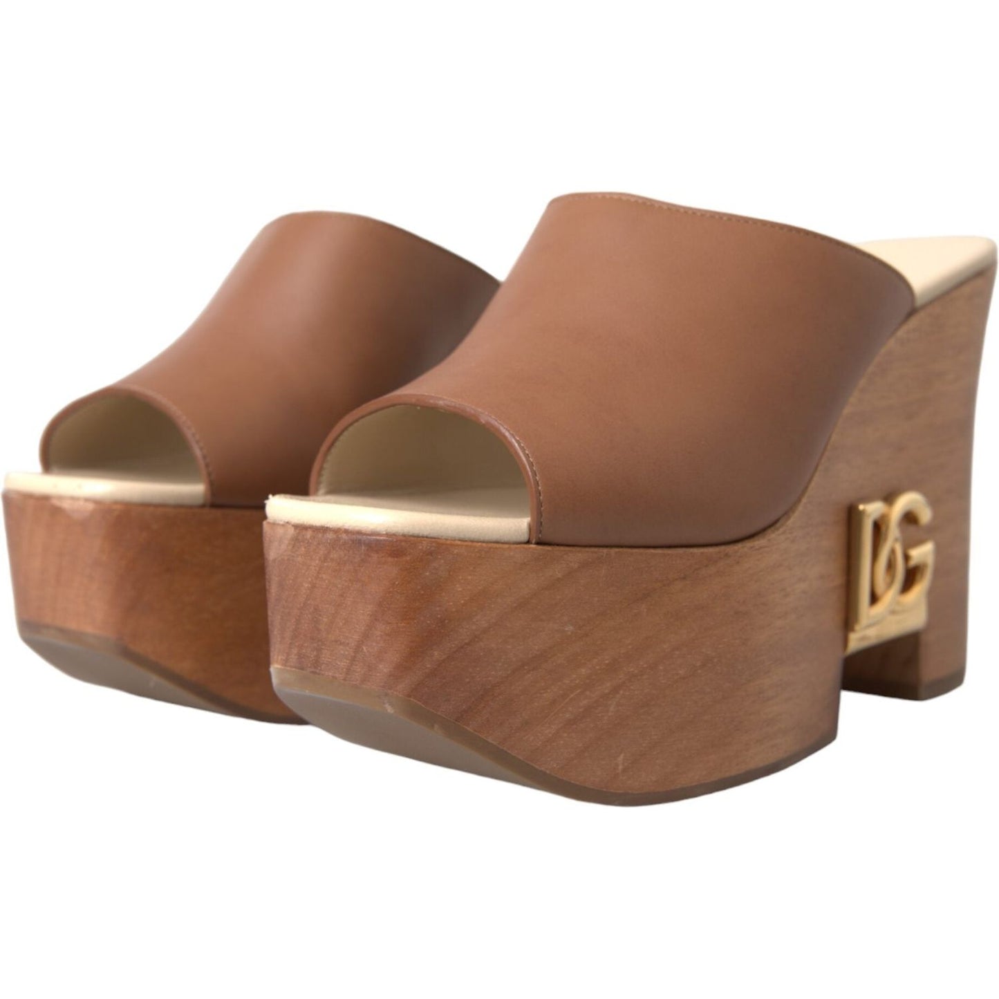 Dolce & Gabbana Brown Leather Wood Mules Wedge Slides Shoes Dolce & Gabbana