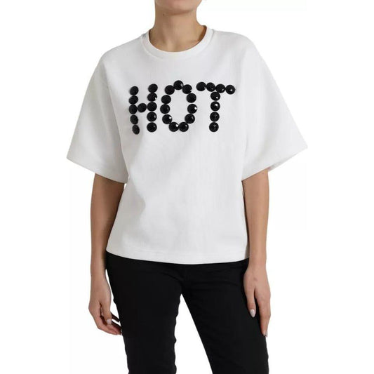 Dolce & Gabbana White Cotton Black HOT Crystal Top T-shirt Dolce & Gabbana