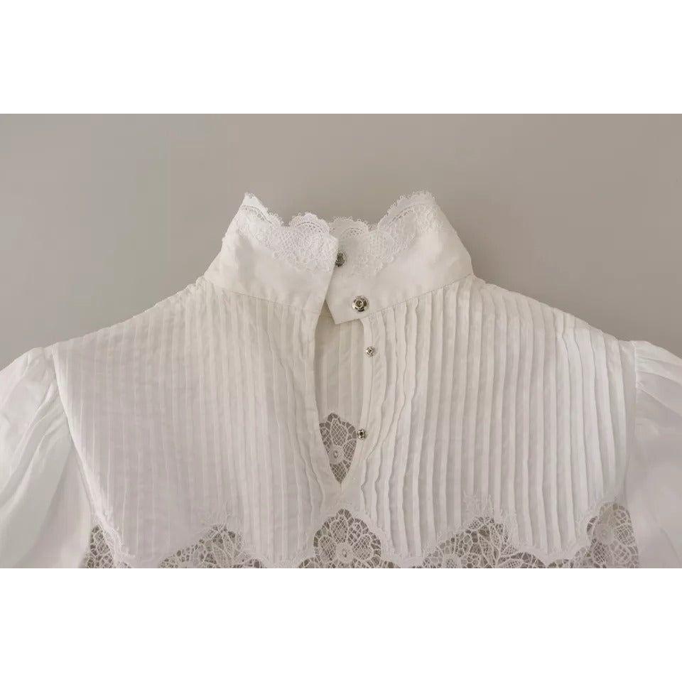 Dolce & Gabbana White Cotton Lace Trim Turtle Neck Blouse Top Dolce & Gabbana