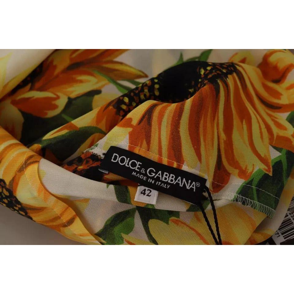 Dolce & Gabbana White Sunflower Silk Ascot Collar Blouse Top Dolce & Gabbana