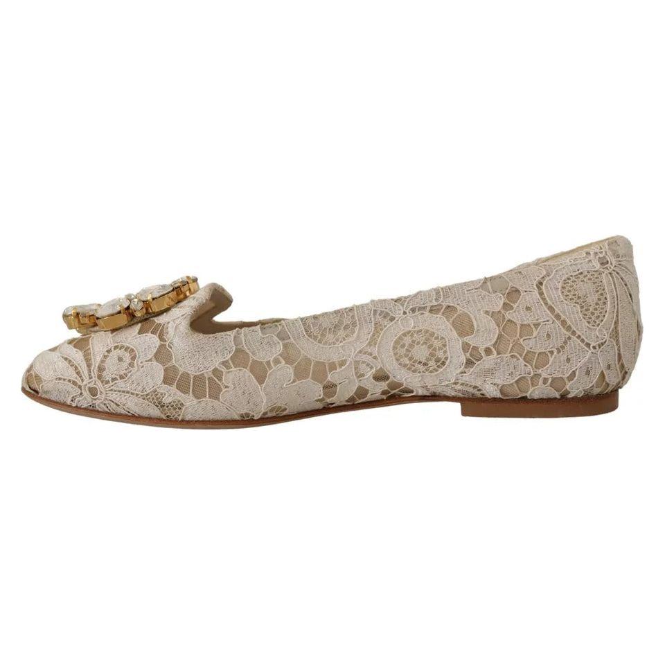 Dolce & Gabbana Beige Lace Crystal Ballet Flats Loafers Shoes Dolce & Gabbana