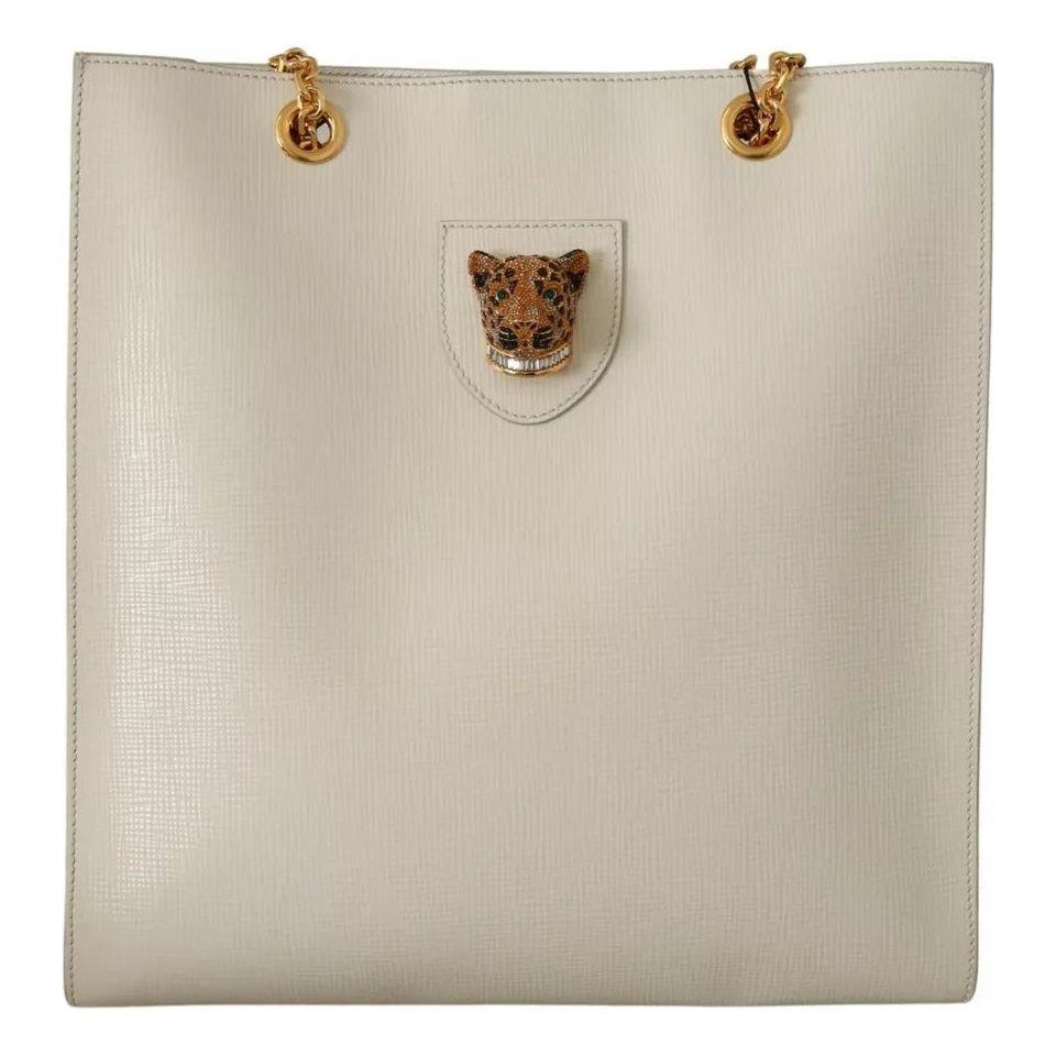 Dolce & Gabbana White Crystal Leopard Head Leather JUNGLE Tote Bag Dolce & Gabbana