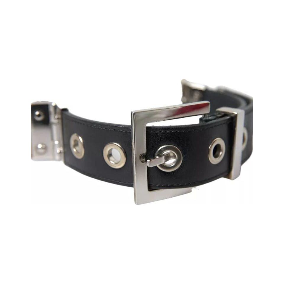 Dolce & Gabbana Black Leather Beige Strap Silver Metal Buckle Belt Dolce & Gabbana